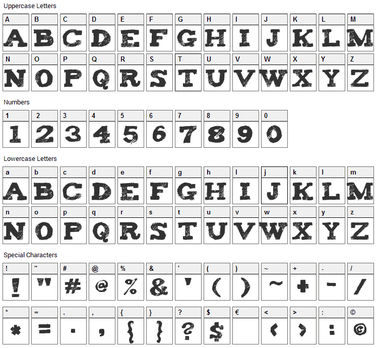 Tiza Font Character Map