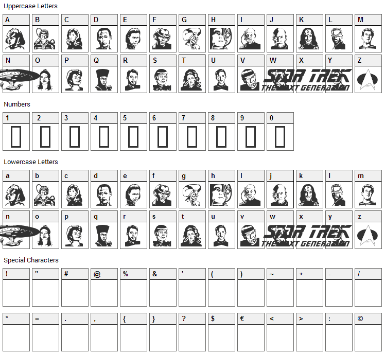 TNG Cast Font Character Map