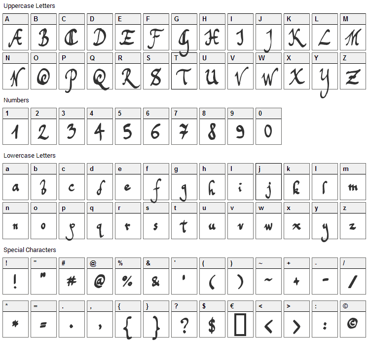 Toms Handwriting Font Character Map