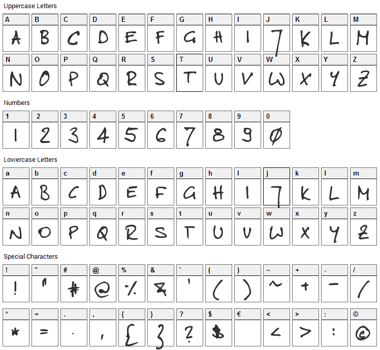 Toms Handwritten Font Character Map