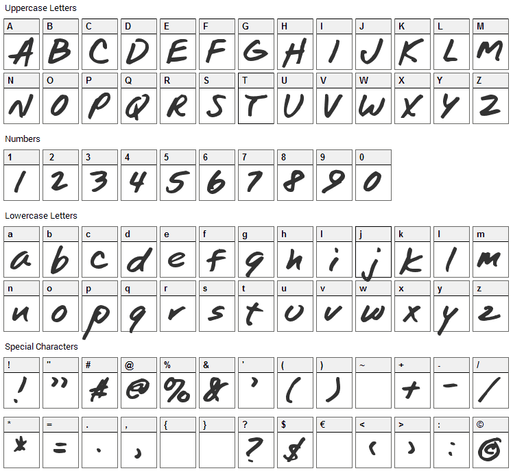 TomsHand Font Character Map
