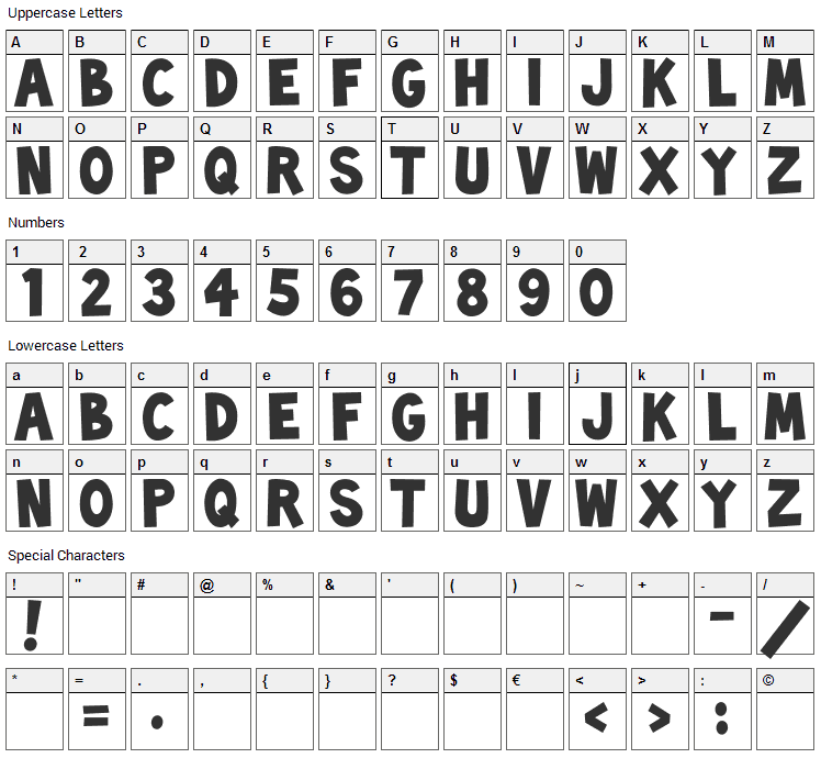 Toonish Font Character Map