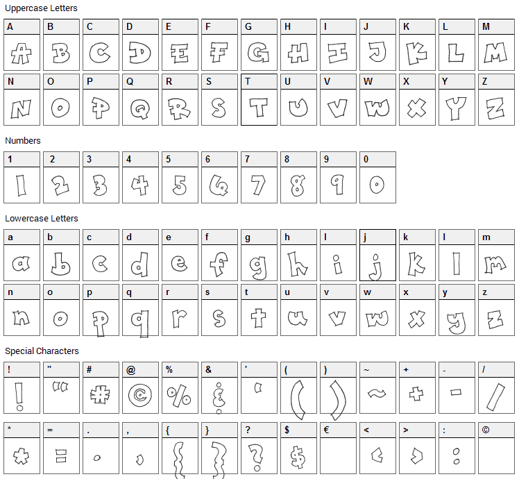 Toony Font Character Map