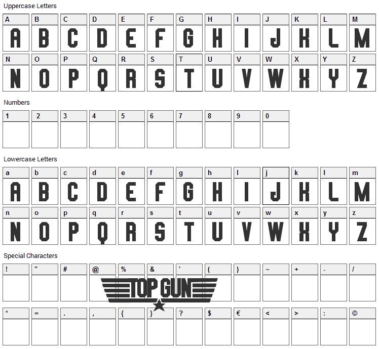 Top Gun Font Character Map