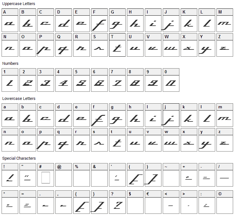 Top Speed Font Character Map