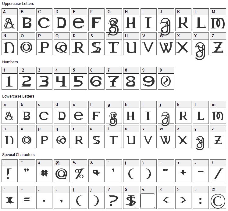 Toril Font Character Map