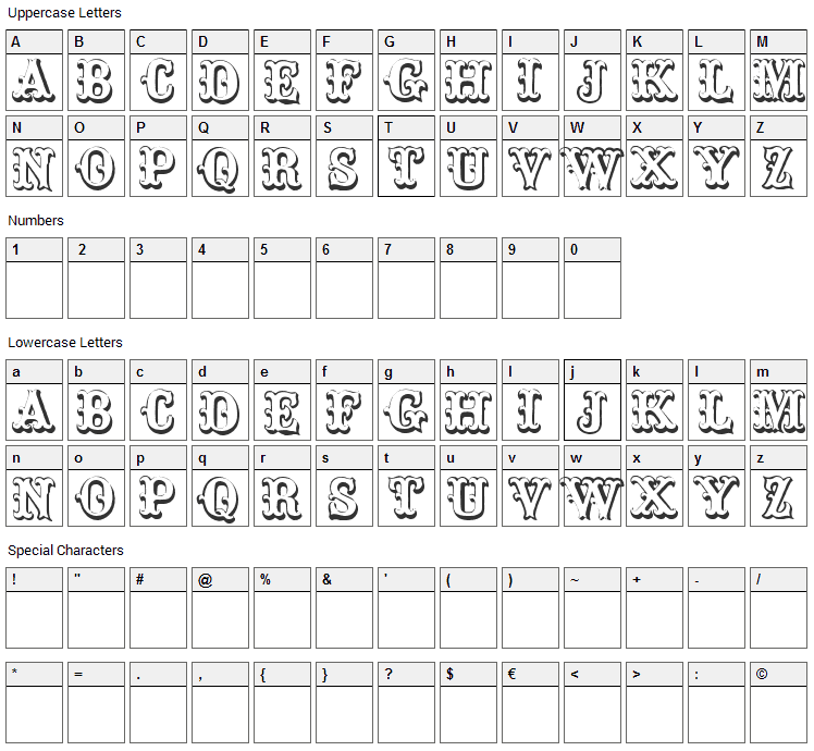 Toskanische Egyptienne Font Character Map