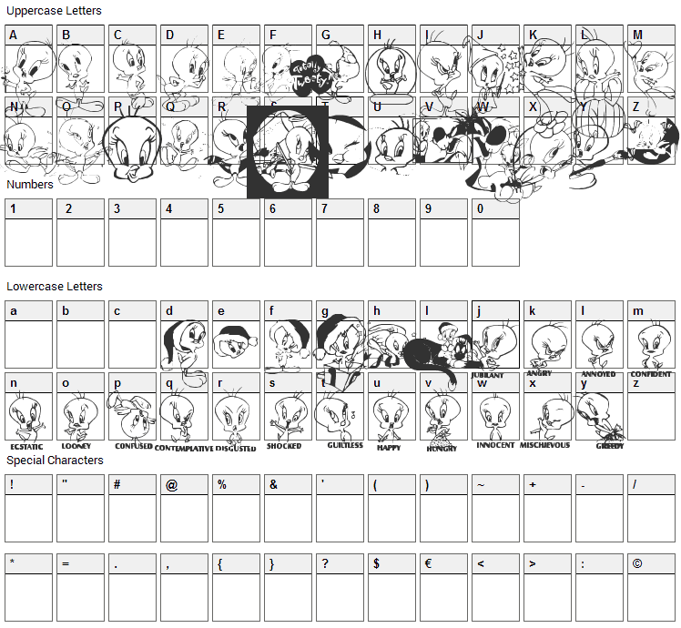 Totally Tweetie Font Character Map