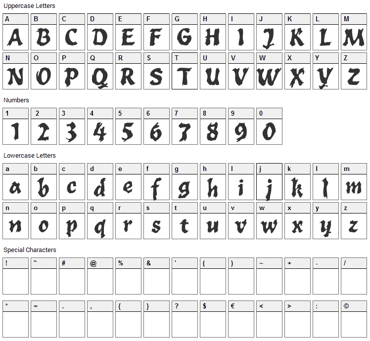 Toxia Font Character Map