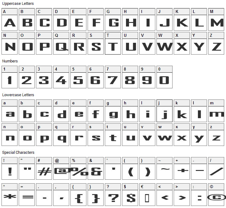 TR Heavy Font Character Map