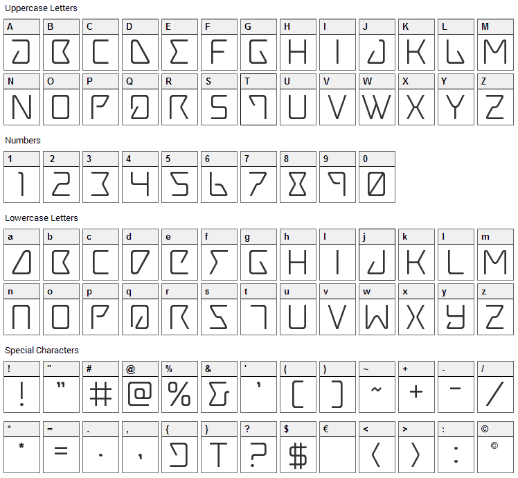 Tracer Font Character Map