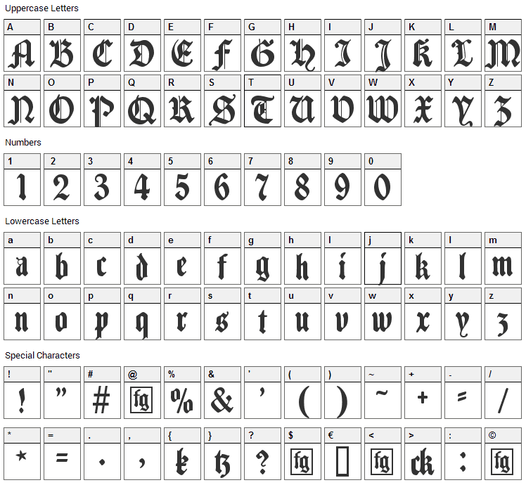 Traditio Font Character Map