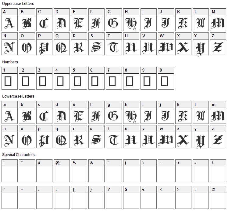 Traditional Gothic Font Character Map