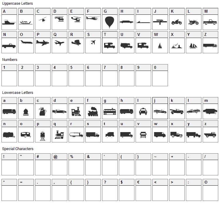 Traffic Font Character Map
