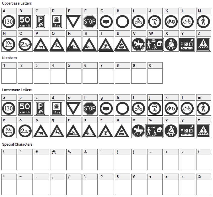 Traffic Signs Font Character Map