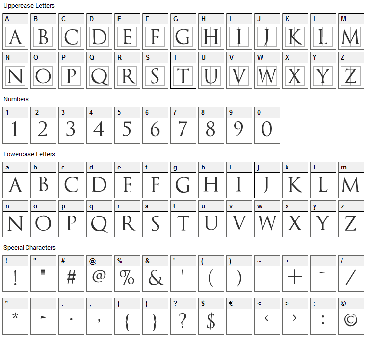 TrajanusBricks Font Character Map