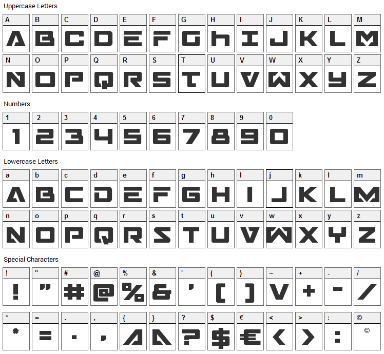 Trans-America Font Character Map