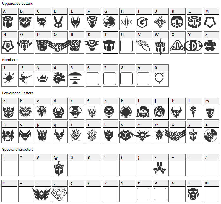 Transdings Font Character Map