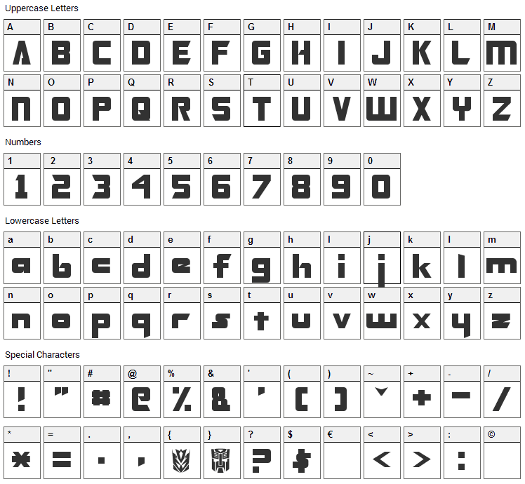 Transformers Font Character Map