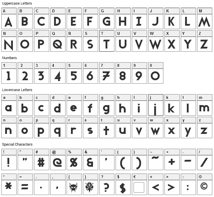 Transmetals Font Character Map