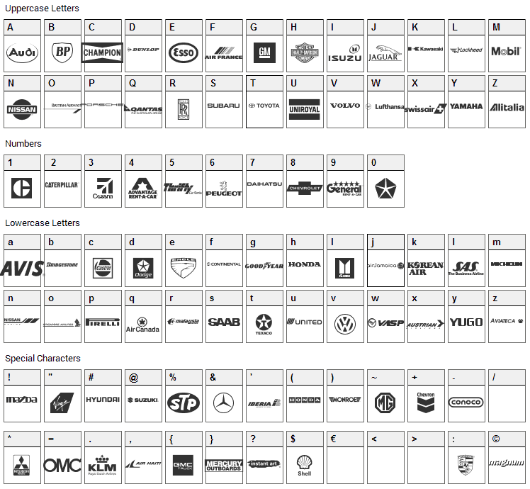 Transport Font Character Map