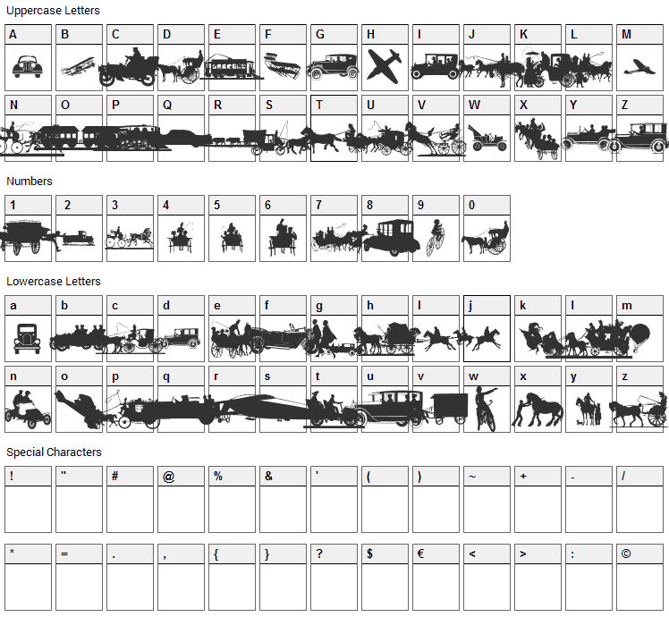 Transportation Dings Font Character Map