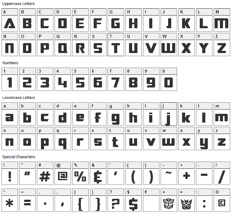 Transrobotics Font Character Map