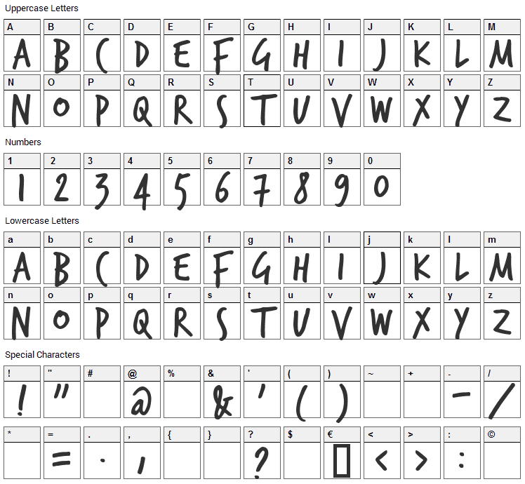 TrashHand Font Character Map