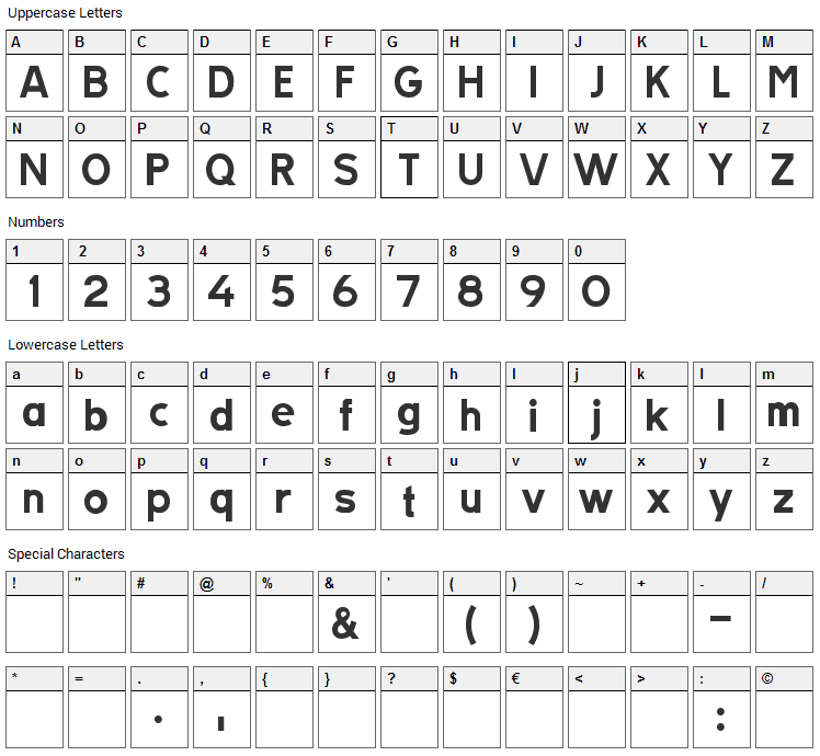 Tratex Font Character Map