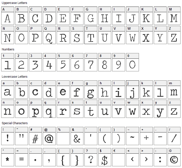 Traveling Typewriter Font Character Map