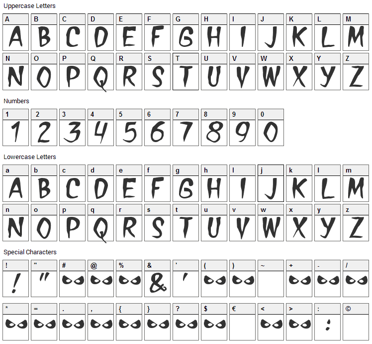 Treasure Font Character Map