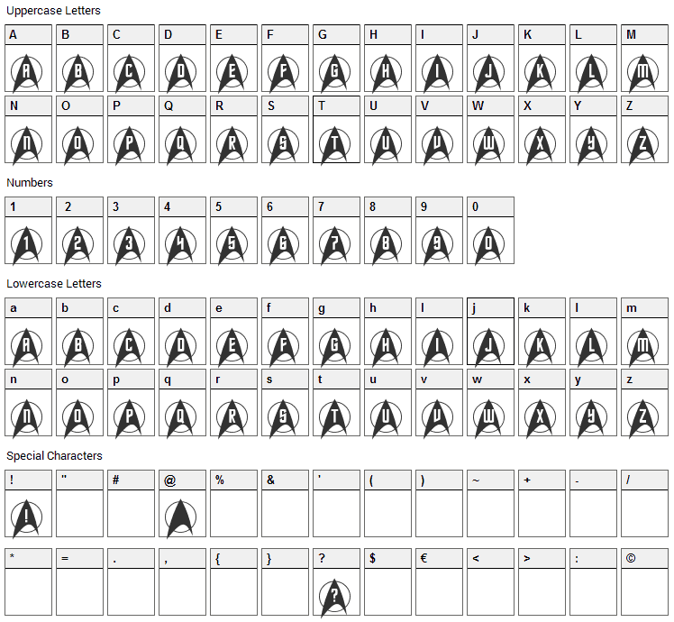 Trek Arrowcaps Font Character Map