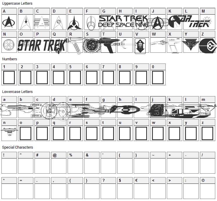 Trekbats Font Character Map