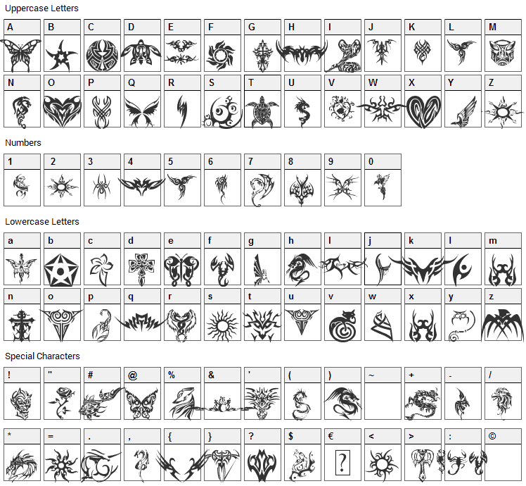 Tribal Tattoo Font Character Map