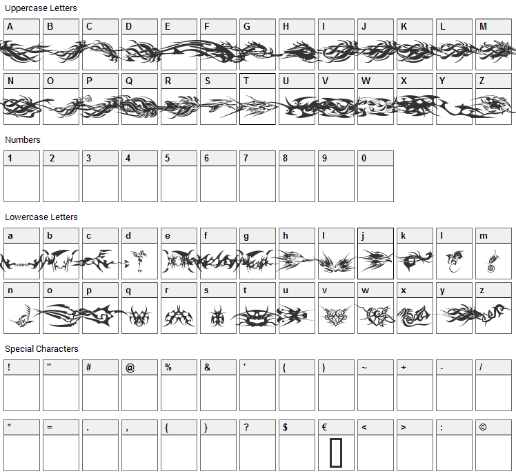 Tribalz Font Character Map