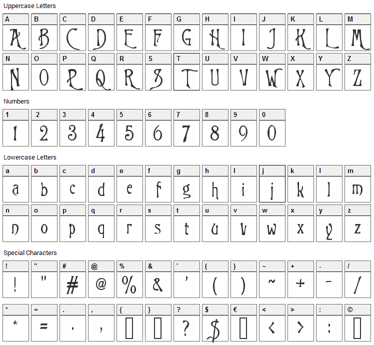 Trinigan Font Character Map