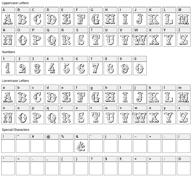 Trocadero Font Character Map