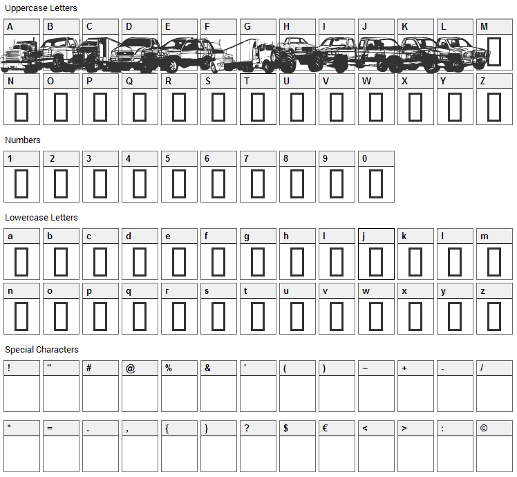 Trucks For Judy Font Character Map