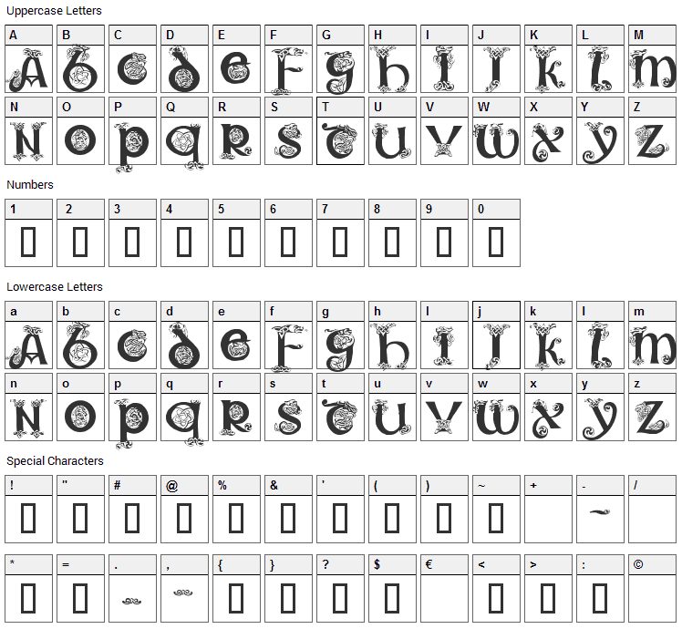 Trueheart Font Character Map