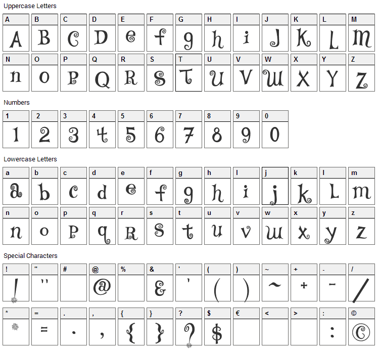 TS Curly Font Character Map