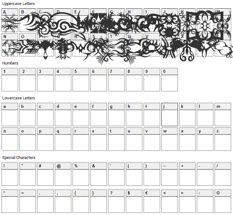 TTF Tattoef Font Character Map