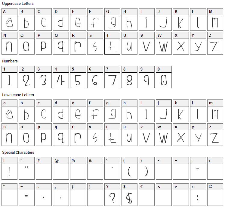 Tuesday Font Character Map