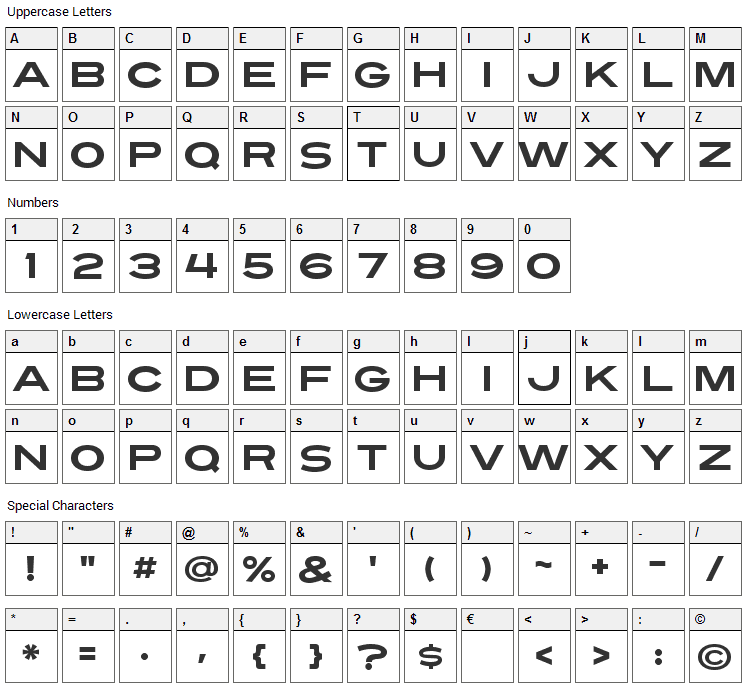 Turnpike Font Character Map