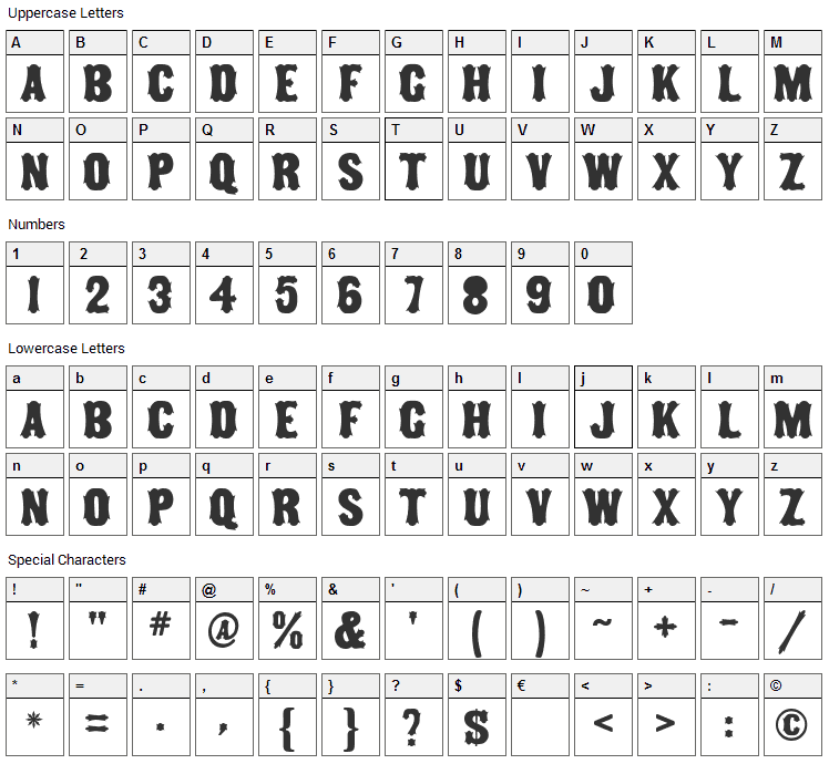 Tuscan MF Font Character Map