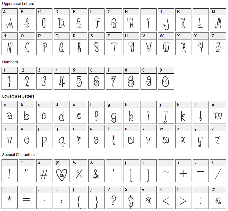 TX Love Font Character Map