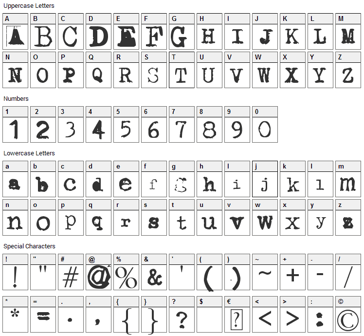 Typewriter from 286 Font Character Map