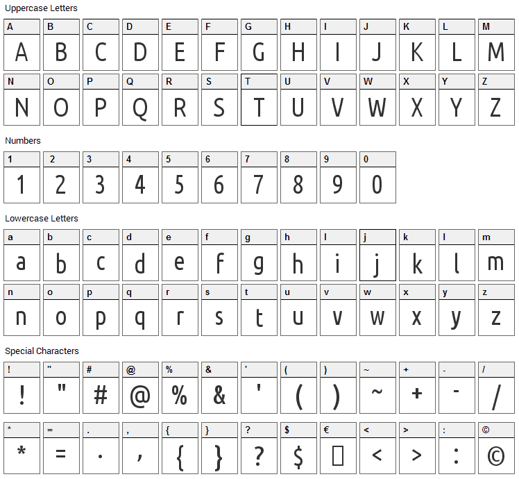 Ubuntu Condensed Font Character Map