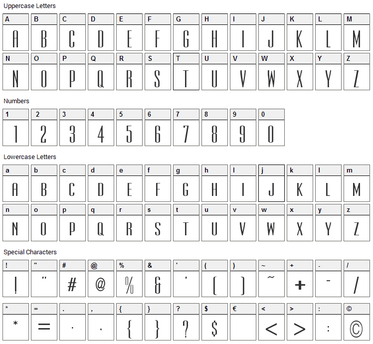 Ultra Condensed Sans Serif Font Character Map