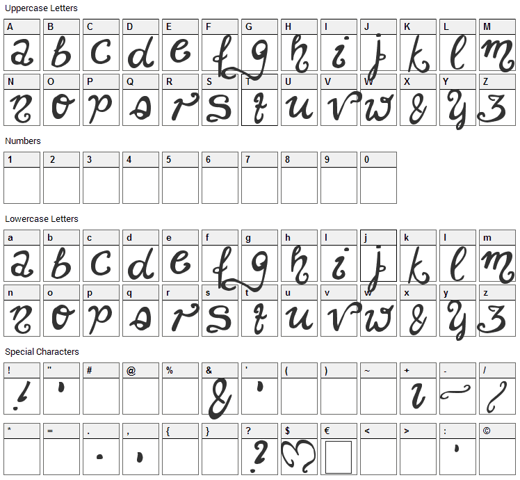 Unchanged Thoughts Font Character Map