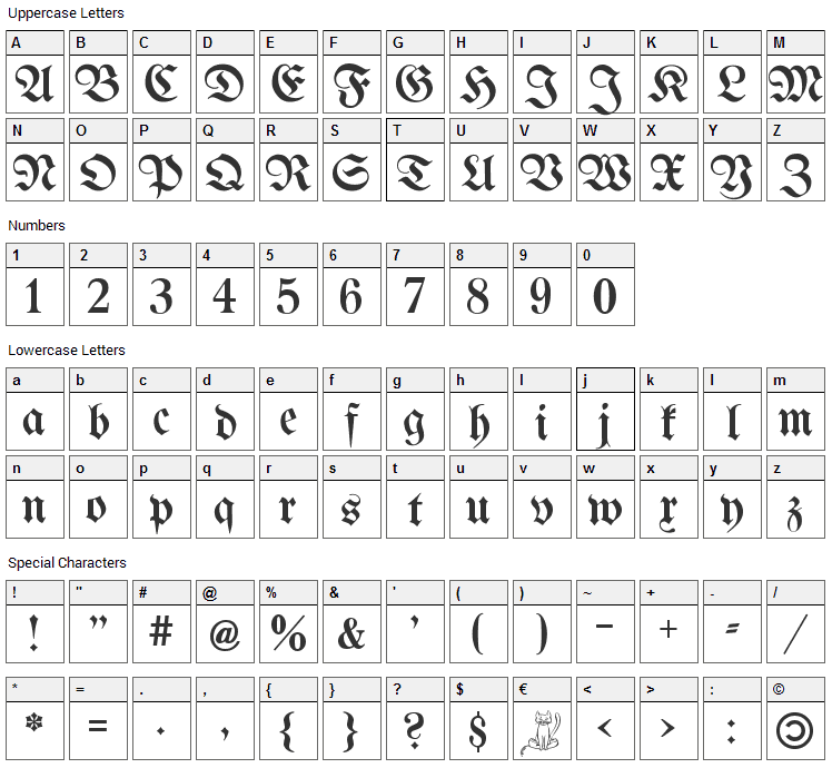 UnifrakturMaguntia Font Character Map